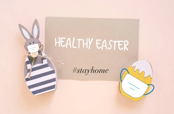 Healthy Easter Hashtag Stay Home Colorful Eggs Toy Bunny Wearing — Stock Photo, Image