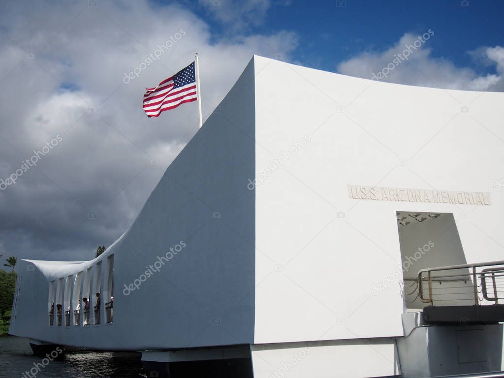 American Flag at Arizona Memorial at Pearl Harbor Hawaii