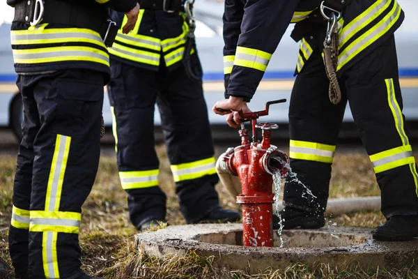 Bombeiros combatendo fogo durante o treinamento — Fotografia de Stock