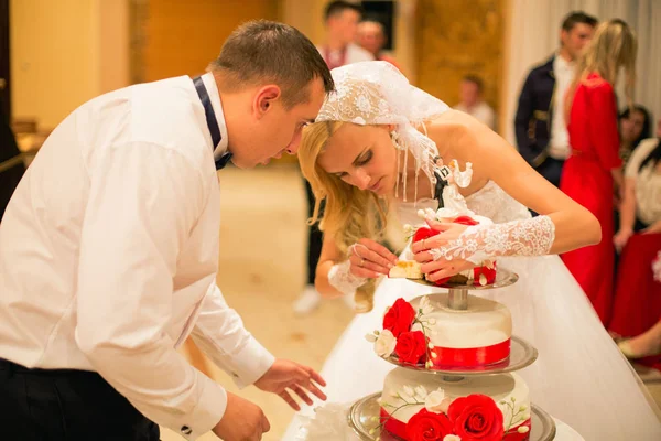 Braut und Bräutigam schneiden Hochzeitstorte an — Stockfoto