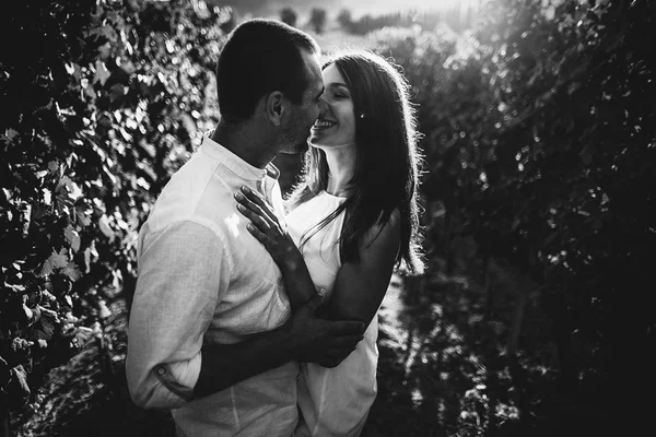 Junges Paar küsst sich in einem Weinberg. — Stockfoto