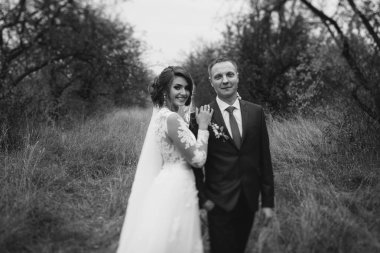 Damat ve gelin parkta yürüyüş