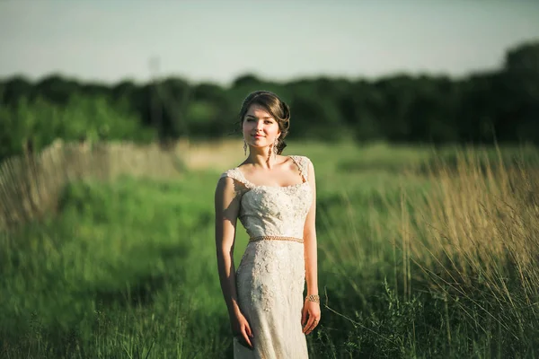 Mariée en robe blanche dans le champ — Photo