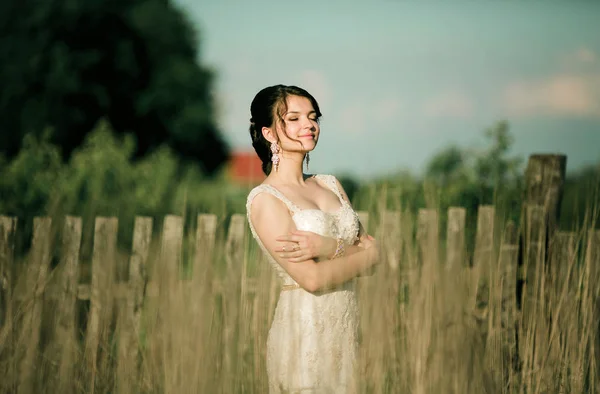 Mireasă în rochie albă în câmp — Fotografie, imagine de stoc