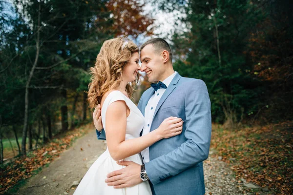 Wedding couple walking in the mountains — Stock Photo, Image