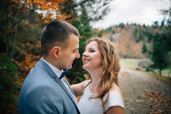 Couple de mariage marchant dans les montagnes — Photo