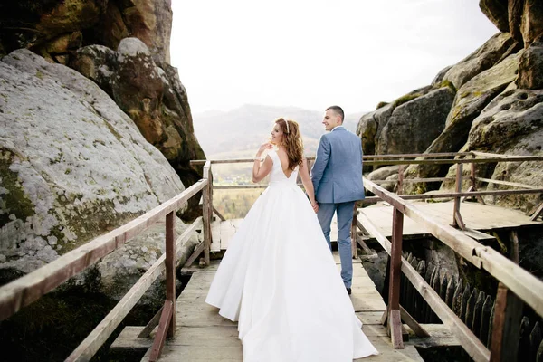 結婚式のカップルの山々 を歩く — ストック写真