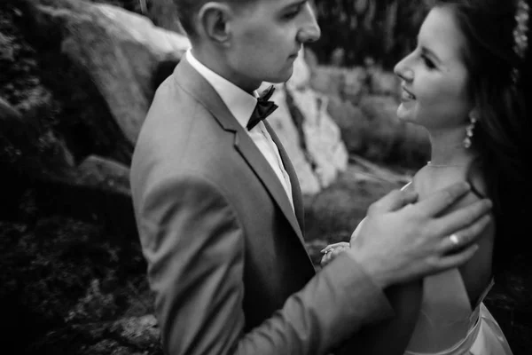 stock image wedding couple walking in the mountains