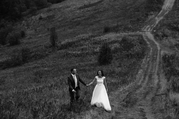 Casal de casamento andando nas montanhas — Fotografia de Stock