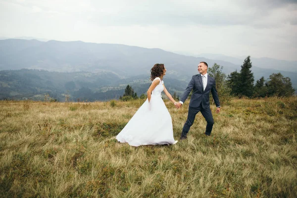 Свадебная пара, гуляющая в горах — стоковое фото