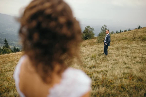 Casal de casamento andando nas montanhas — Fotografia de Stock