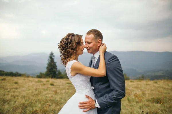 Bruidspaar wandelen in de bergen — Stockfoto