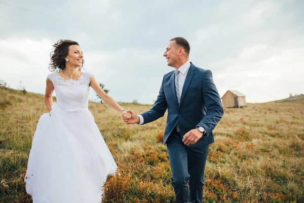 Casal de casamento andando nas montanhas — Fotografia de Stock