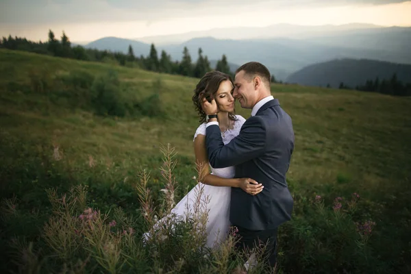 Casal de casamento andando nas montanhas — Fotografia de Stock