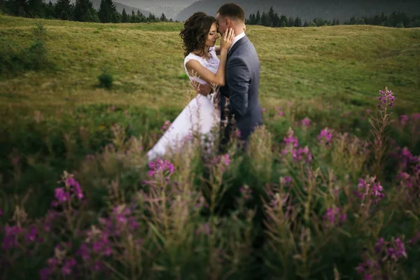 Casal de casamento andando nas montanhas — Fotografia de Stock