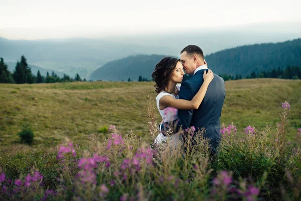 Pareja de boda caminando en las montañas — Foto de Stock