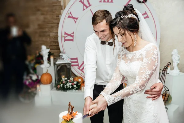 Braut und Bräutigam schneiden die Hochzeitstorte an — Stockfoto