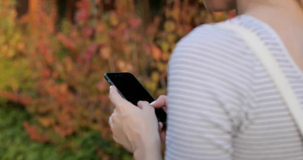 Женщина со смартфоном в осеннем парке — стоковое фото