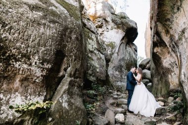 Muhteşem gelin ve şık damat yürüyüş güneşli manzara, Düğün çifti, muhteşem manzaralı lüks töreni dağlar