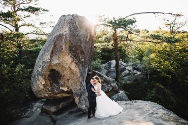 Muhteşem gelin ve şık damat yürüyüş güneşli manzara, Düğün çifti, muhteşem manzaralı lüks töreni dağlar