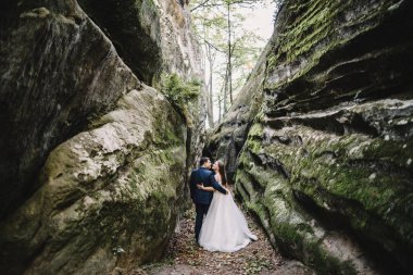 Muhteşem gelin ve şık damat yürüyüş güneşli manzara, Düğün çifti, muhteşem manzaralı lüks töreni dağlar