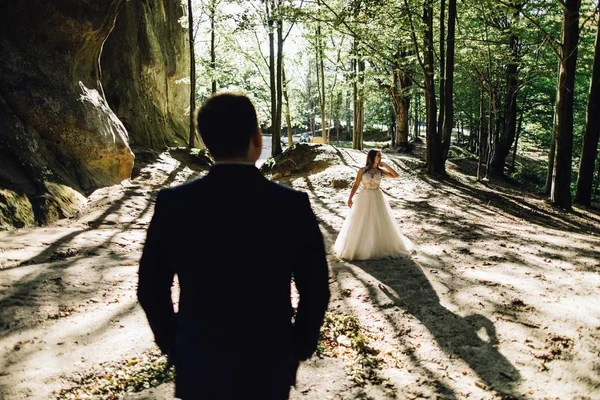 豪華な晴れた風景 結婚式のカップルに素晴らしい高級式山歩いてスタイリッシュな新郎新婦 — ストック写真