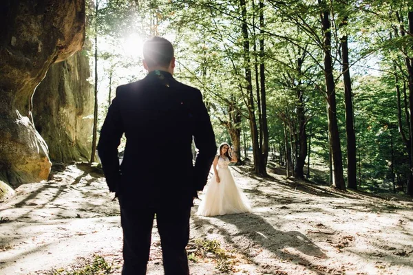豪華な晴れた風景 結婚式のカップルに素晴らしい高級式山歩いてスタイリッシュな新郎新婦 — ストック写真