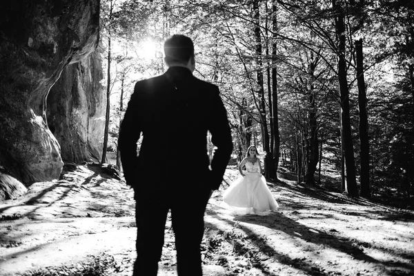 Splendida Sposa Sposo Elegante Piedi Paesaggio Soleggiato Coppia Nozze Montagne — Foto Stock