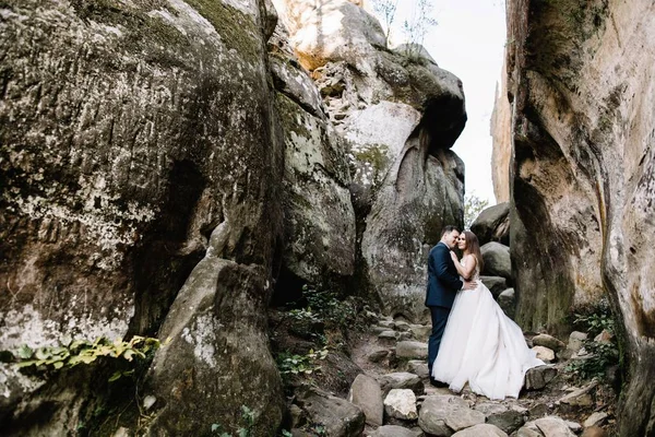 Hermosa Novia Elegante Novio Caminando Paisaje Soleado Pareja Boda Montañas — Foto de Stock