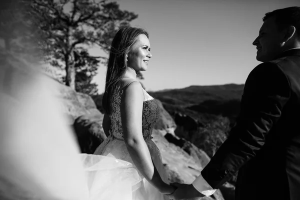 Splendida Sposa Sposo Elegante Piedi Paesaggio Soleggiato Coppia Nozze Montagne — Foto Stock