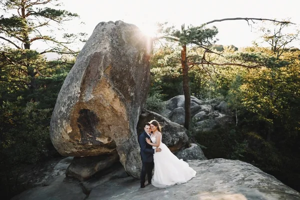 Linda Noiva Noivo Elegante Andando Paisagem Ensolarada Casal Casamento Montanhas — Fotografia de Stock