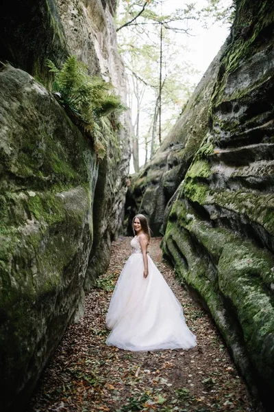 Superbe Mariée Élégante Robe Blanche Vintage Marchant Dans Parc — Photo