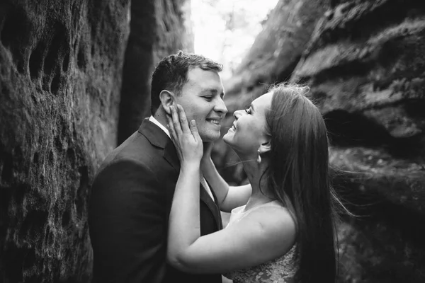 Linda Noiva Noivo Elegante Andando Paisagem Ensolarada Casal Casamento Montanhas — Fotografia de Stock