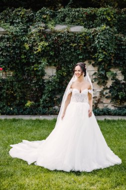 Parkta poz zarif beyaz elbiseli güzel gelin