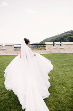 Parkta poz zarif beyaz elbiseli güzel gelin