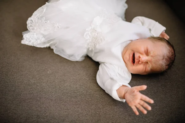 Söt Liten Baby Som Sover Pläd Hemma Närbild — Stockfoto