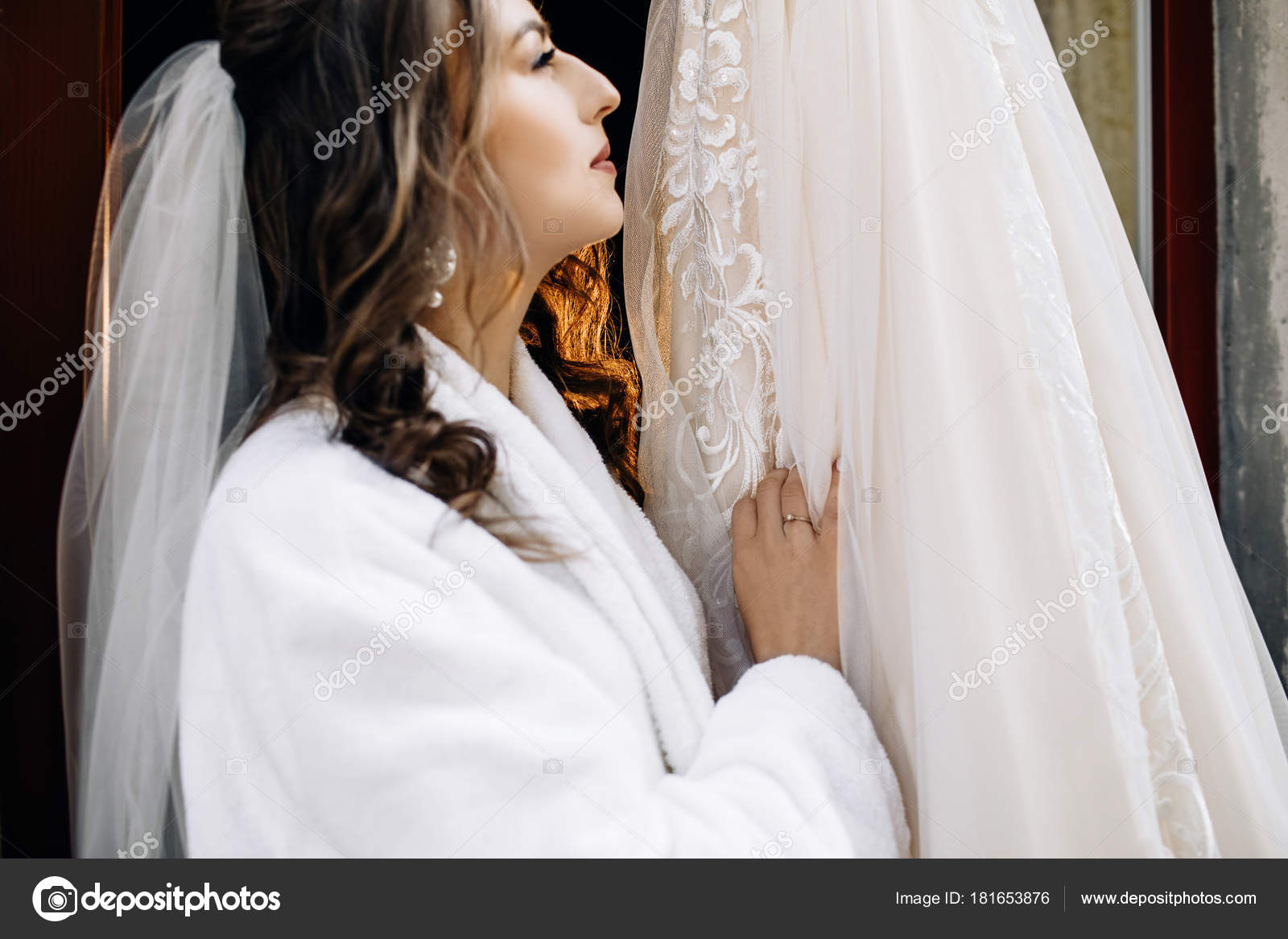 Beautiful Bride Stands Rich Wedding Dress Stock Photo