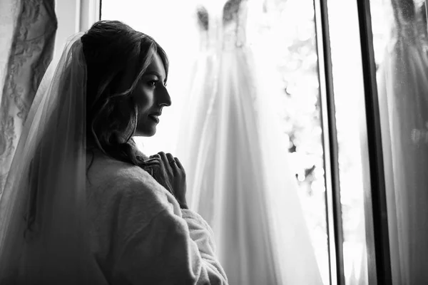 Schöne Braut Steht Vor Einem Reichen Hochzeitskleid — Stockfoto