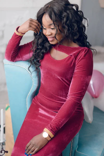 Beautiful Young African American Woman Red Dress Posing Studio — Stock Photo, Image