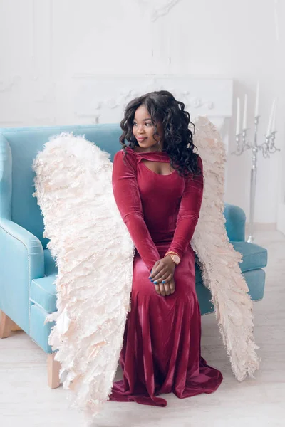 Beautiful Young African American Woman Red Dress Angel Wings Posing — Stock Photo, Image