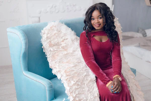 Beautiful Young African American Woman Red Dress Angel Wings Posing — Stock Photo, Image