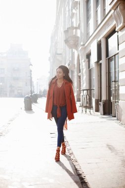 Şık giysiler içinde suny City'deki oldukça siyah bir kadın yürüyor