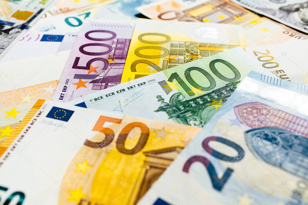 Euro and USA dollar money banknotes background, wealth concept