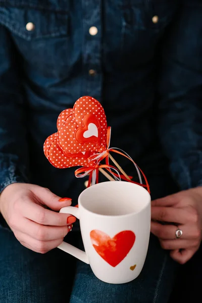 Woman Holding Cup Red Hearts — Stock Photo, Image