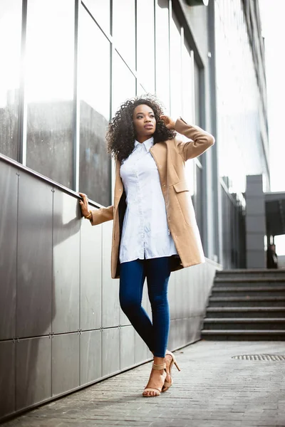 Bela Mulher Afro Americana Casaco Elegante Posando Cidade — Fotografia de Stock