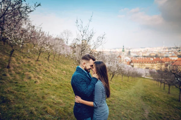 Szerelem Prágai Virágos Kertben Boldog Fiatal Pár — Stock Fotó