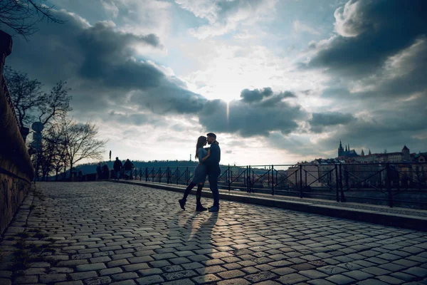 Happy Young Couple Love Standing Background Prague — Stock Photo, Image