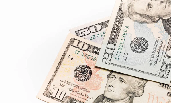 Dollar Dollarnoten Amerikanische Währung Auf Weißem Brett Und Defokussiertem Hintergrund — Stockfoto