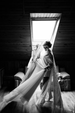 Çekici genç gelin gülümseyen gelinlik holding