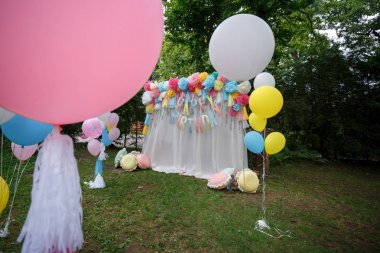 Yaz yeşil bahçesinde hazırlanan doğum günü süsleri